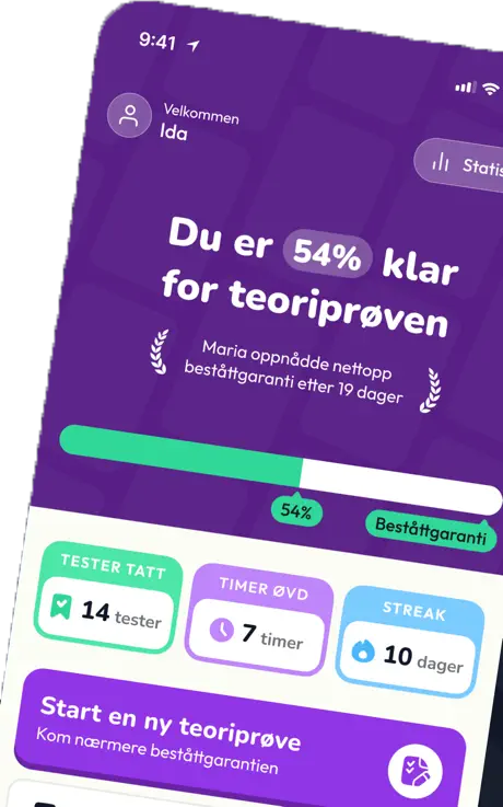 Testen-appen viser fremgang mot beståttgarantien, antall tester tatt og øktstatistikk
