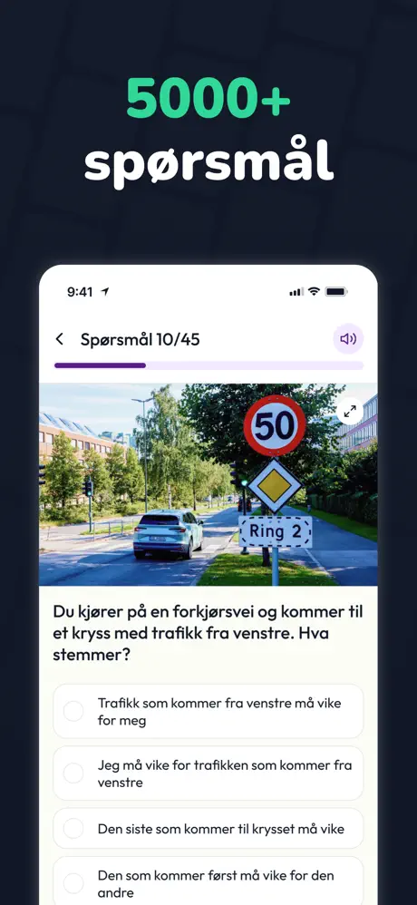 Ekte prøvespørsmål i appen med bilde fra Statens vegvesen