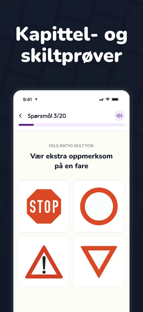 Skiltprøve i appen — velg riktig skilt