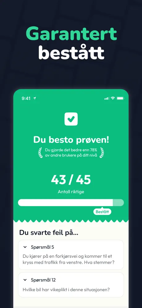 Bestått prøve — 43 av 45 riktige